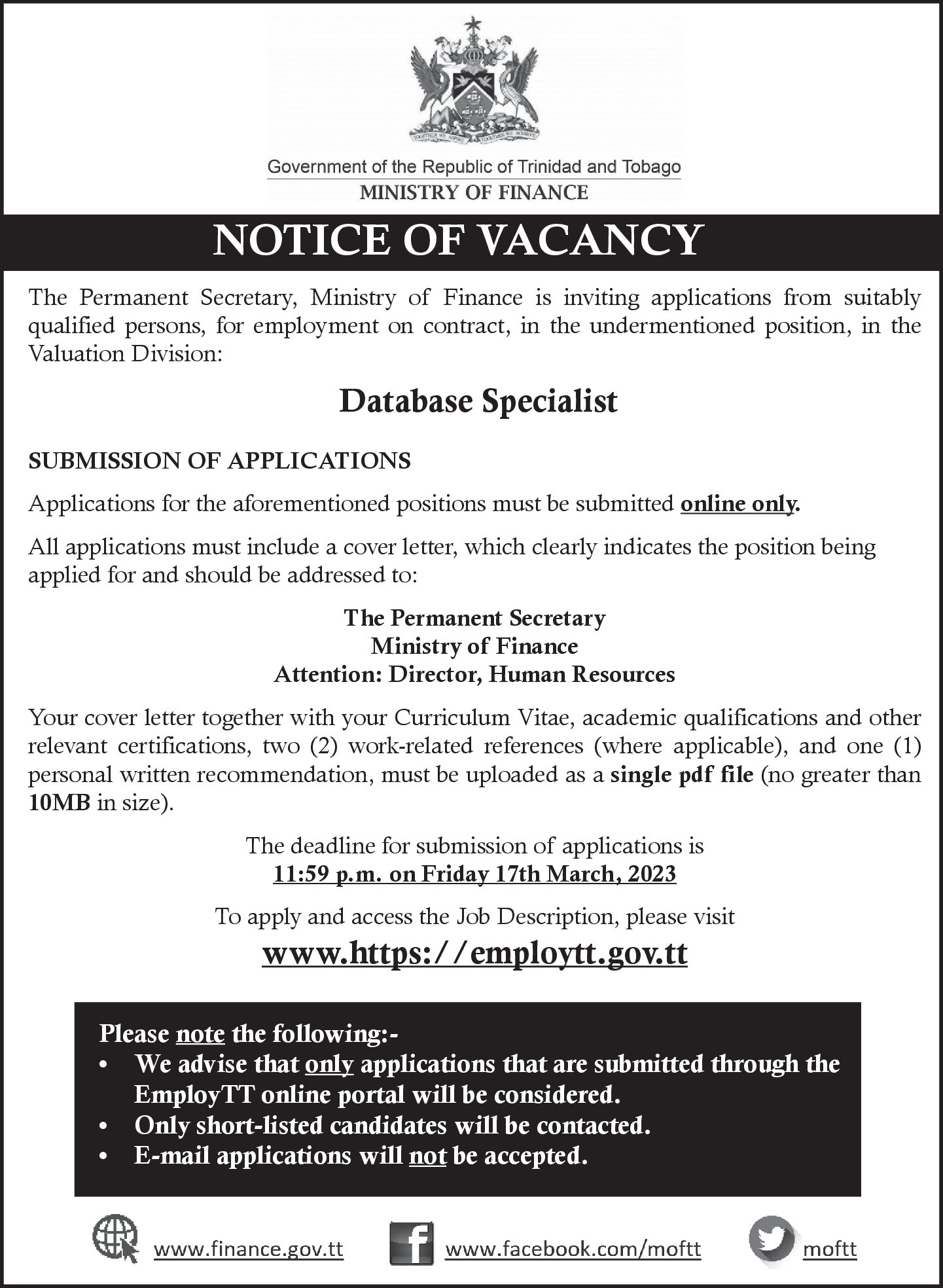 Notice of Vacancy – Database Specialist, Valuation Division – Ministry ...