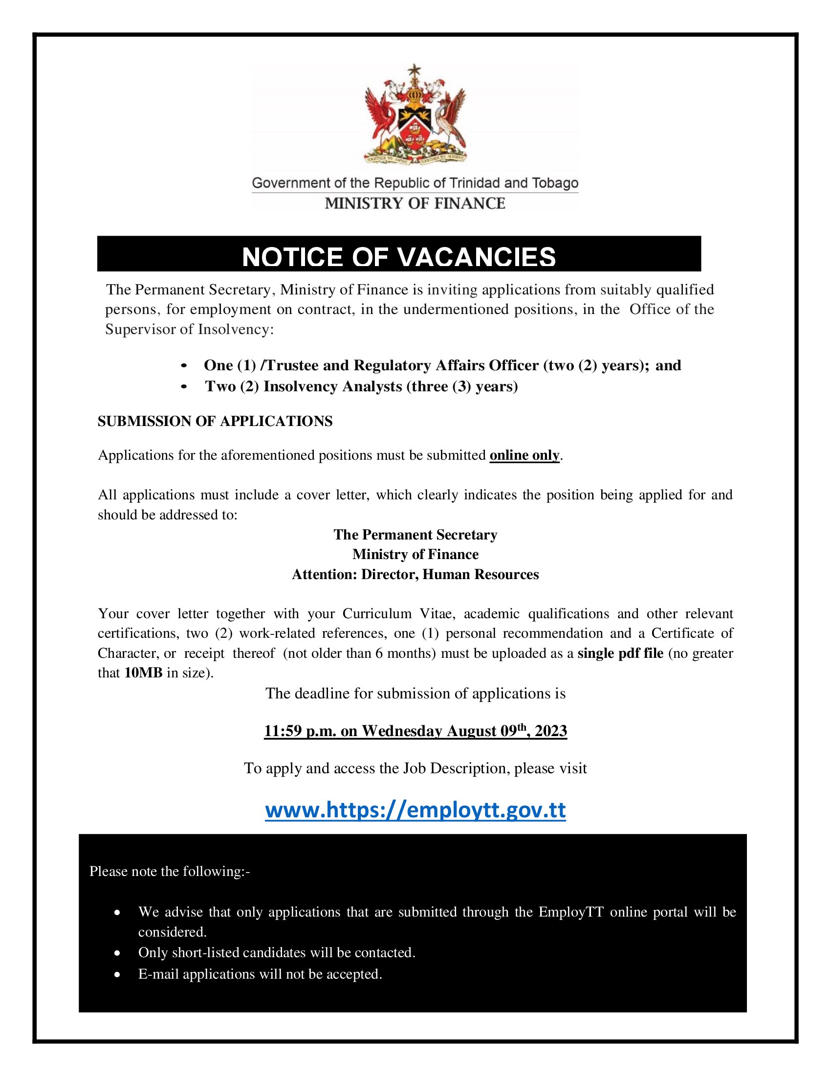 Notice of Vacancies – Office of the Supervisor of Insolvency – Ministry ...